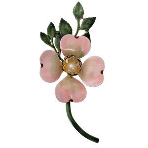 Original By Robert Pink Green Enamel Faux Pearl Dogwood Flower Stem Brooch E239